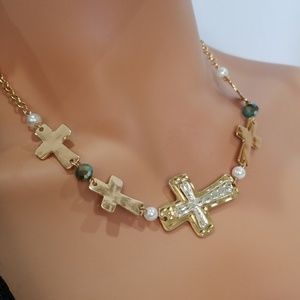 Southwestern Cross Gold Blue Christian Necklace 19" Studio S *